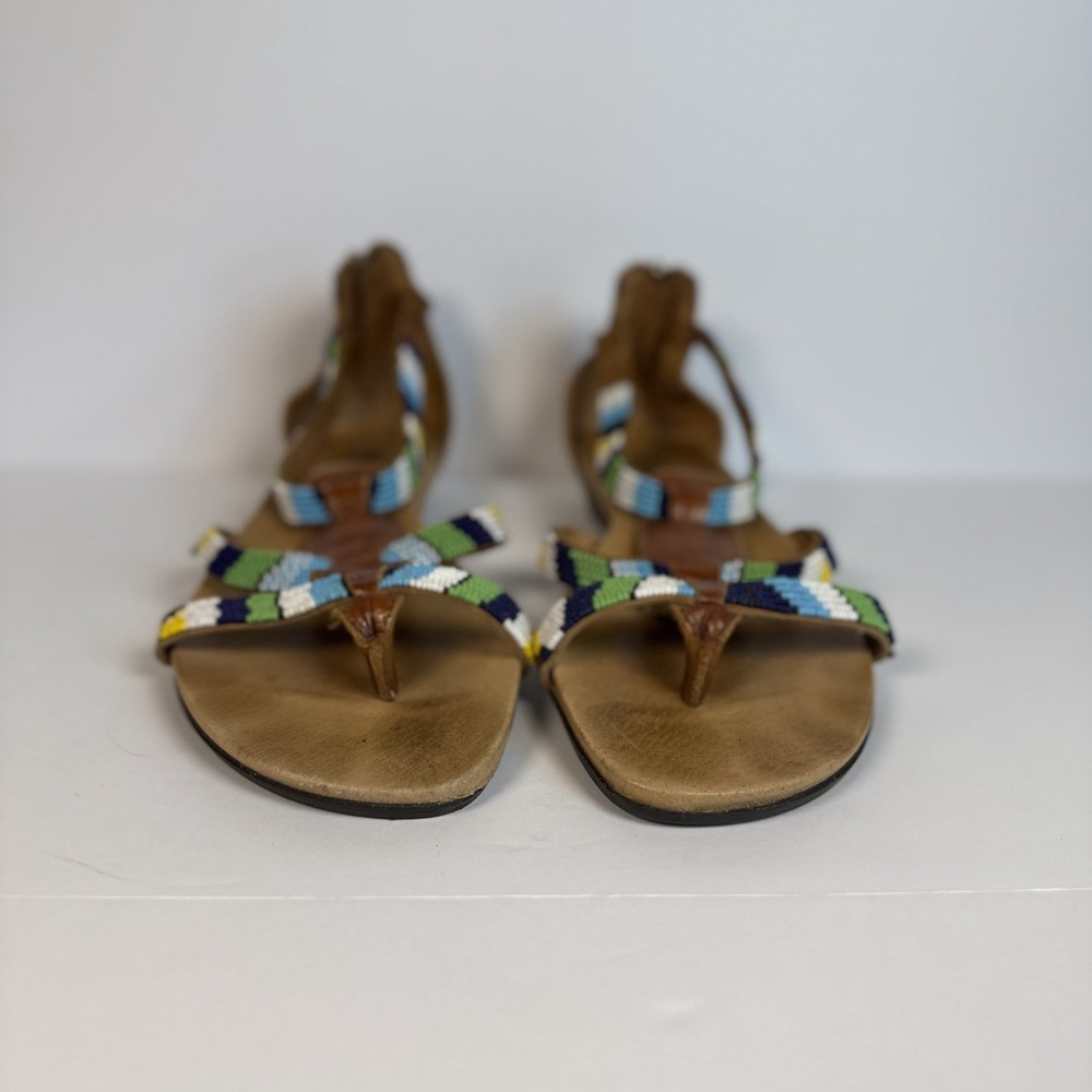 PIKOLINOS 39 / 8.5-9 Alcudias Maasai Hand Beaded Back Zip Leather Flat Sandals - Picture 2 of 12